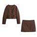 Balloon-Sleeve Jacket & Mini Skirt Set – Oversized Cropped Coat With Button-Detail Skirt (XS-L, Dark Brown)_voghion.com
