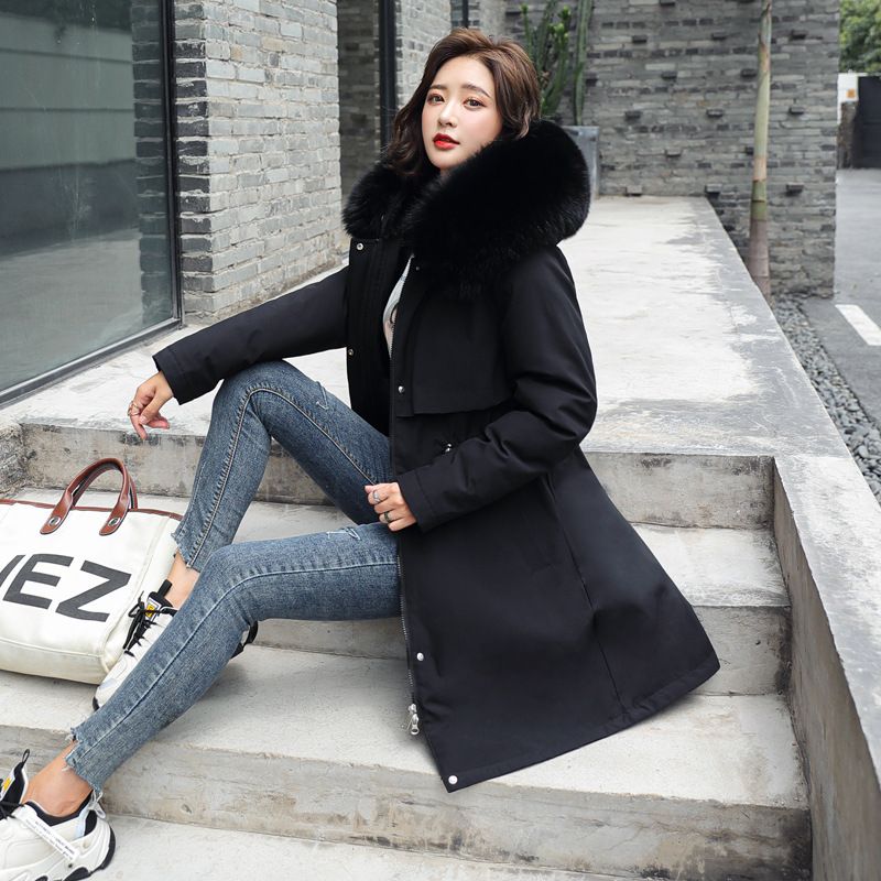 Abbigliamento donna nuovo cappotto invernale imbottito in cotone, lunghezza media, ampio collo in pelliccia, fodera in velluto, soprabito, cappotto imbottito in cotone, alla moda per le donne_voghion.com