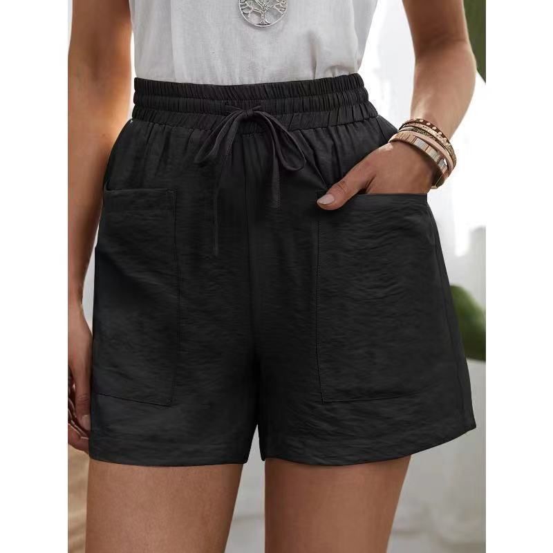 Women's summer new linen pocket solid color loose high waist casual fashion shorts_voghion.com