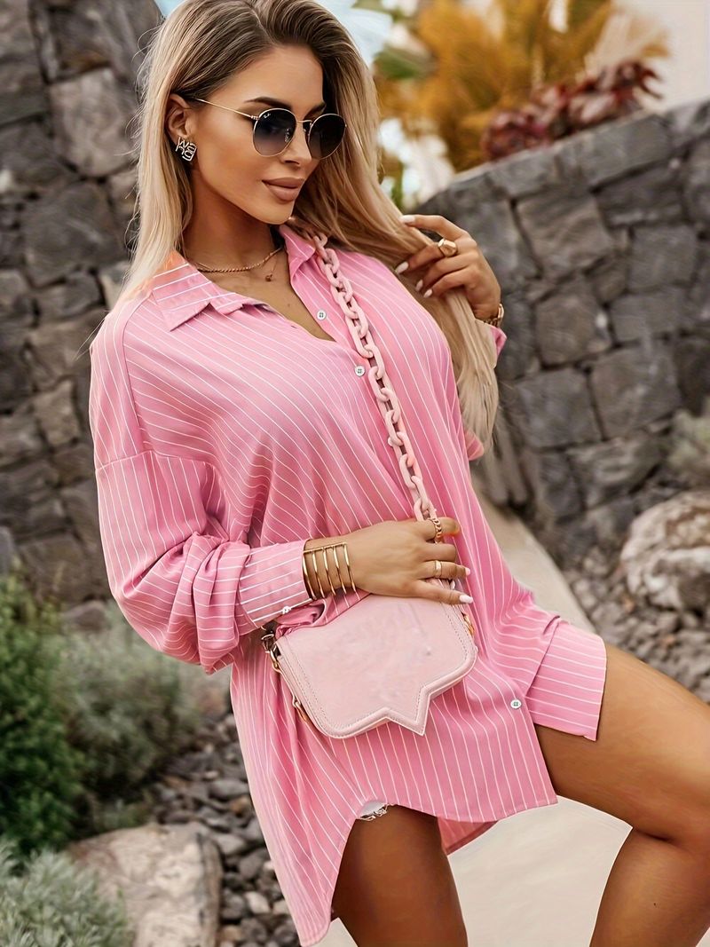 Long-sleeved striped irregular autumn and winter lapel shirt tops_voghion.com