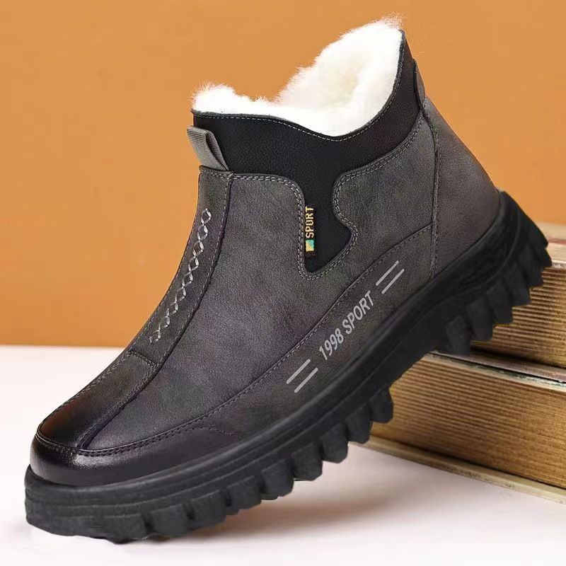 Winter Cotton With Fleece Lining, Thickened, Warm, Non-Slip, Leather Surface, Waterproof, Men's Casual Shoes, Work Shoes_voghion.com