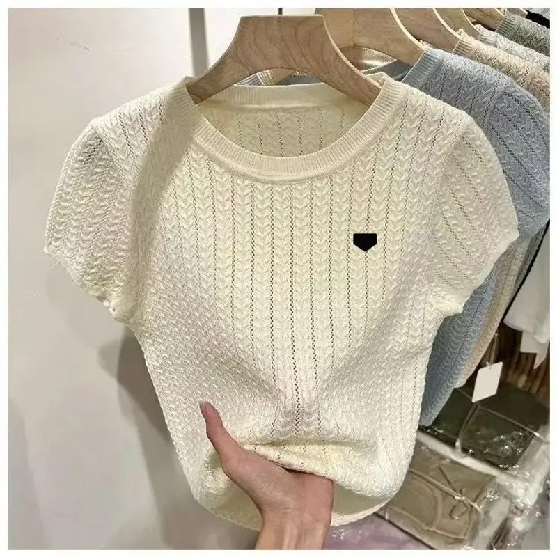 Modedesigner-Stickerei-Buchstaben-Strickpullover, neuer High-End-Temperamentpullover, vielseitiges Kurzarm-Damenoberteil_voghion.com