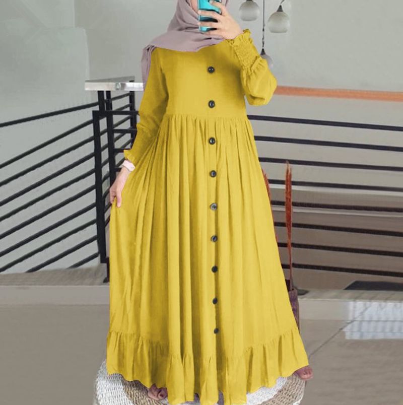 2024 Spring Autumn New Muslim Cotton And Art Casual Loose Size Round Neck Ruffled Dress_voghion.com
