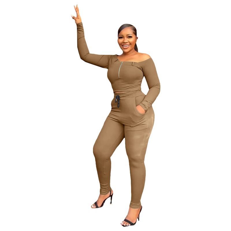 Vêtements pour femmes automne et hiver, une épaule, fermeture éclair, pantalon à manches longues, tenue de sport décontractée_voghion.com