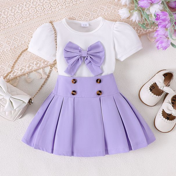 Neue Kinderkleidung für den Sommer für Säuglinge und Kleinkinder, Mädchenanzüge mit Schleife, Puffärmeln, kurzen Ärmeln und hoch tailliertem Faltenrock_voghion.com