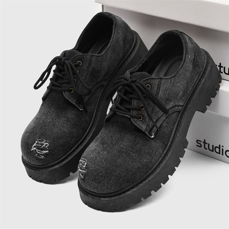 ​Men's Washed Denim Casual Big Head Low-Top Shoes With Height Increase Effect - Comfortable & Stylish For Everyday Wear​_voghion.com