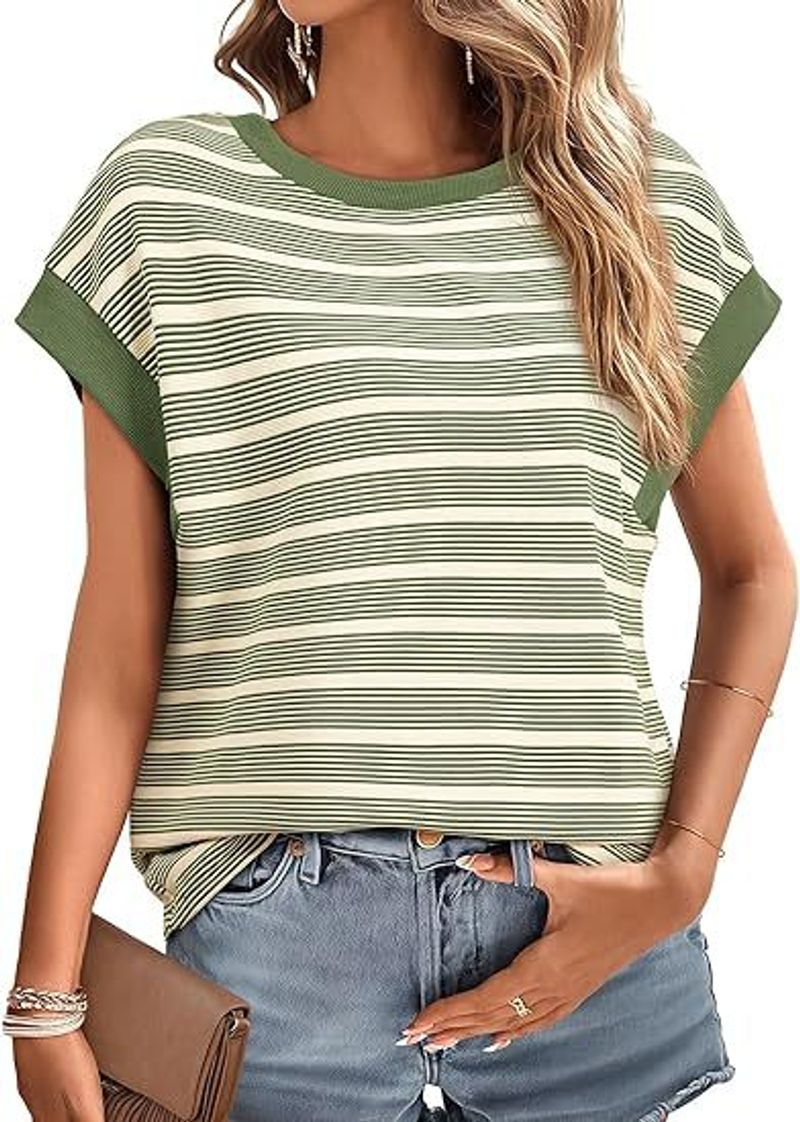 Maglietta a maniche lunghe a righe in maglia a girocollo da donna, estiva 2025_voghion.com