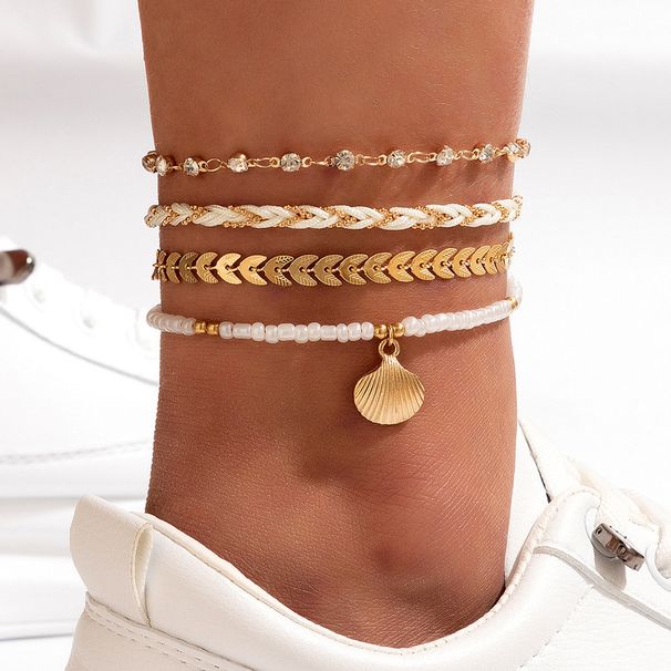 Rice String Beads Braided Rope Shell Four-Layer Anklet Geometric Inlaid Diamond Leaf Multi-Layer Foot Jewelry Set_voghion.com
