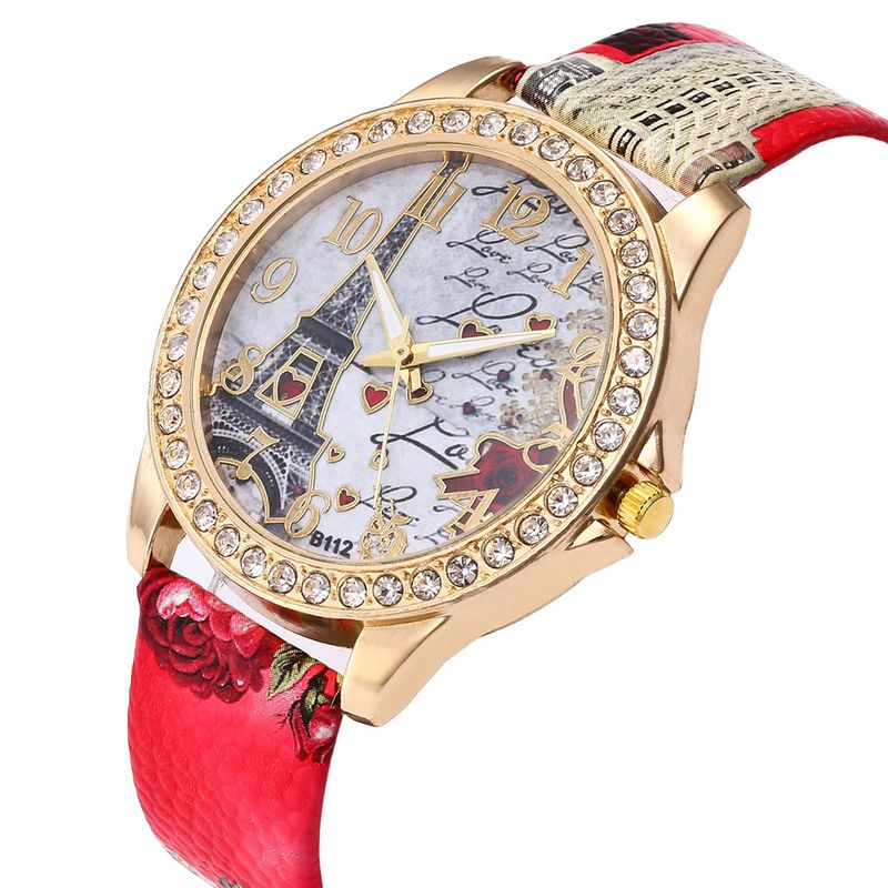 Yamaler Women Eiffel Tower Rhinestone Leather Strap Round Dial Analog Quartz Watch_voghion.com