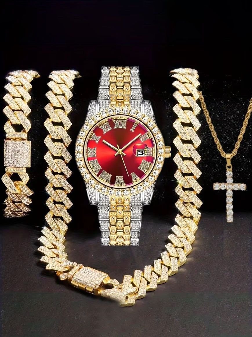 Quartz Watch Set Hip Hop Style Watch With Bracelet And Necklace, Quartz Movement, Stainless Steel Clasp, Mineral Crystal Glass, Round Dial, Alloy Case_voghion.com