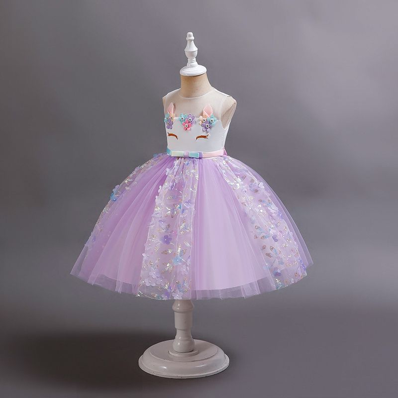 Girl's formal children's princess flower child unicorn wedding fluffy performance bow, one year old dress, summer_voghion.com