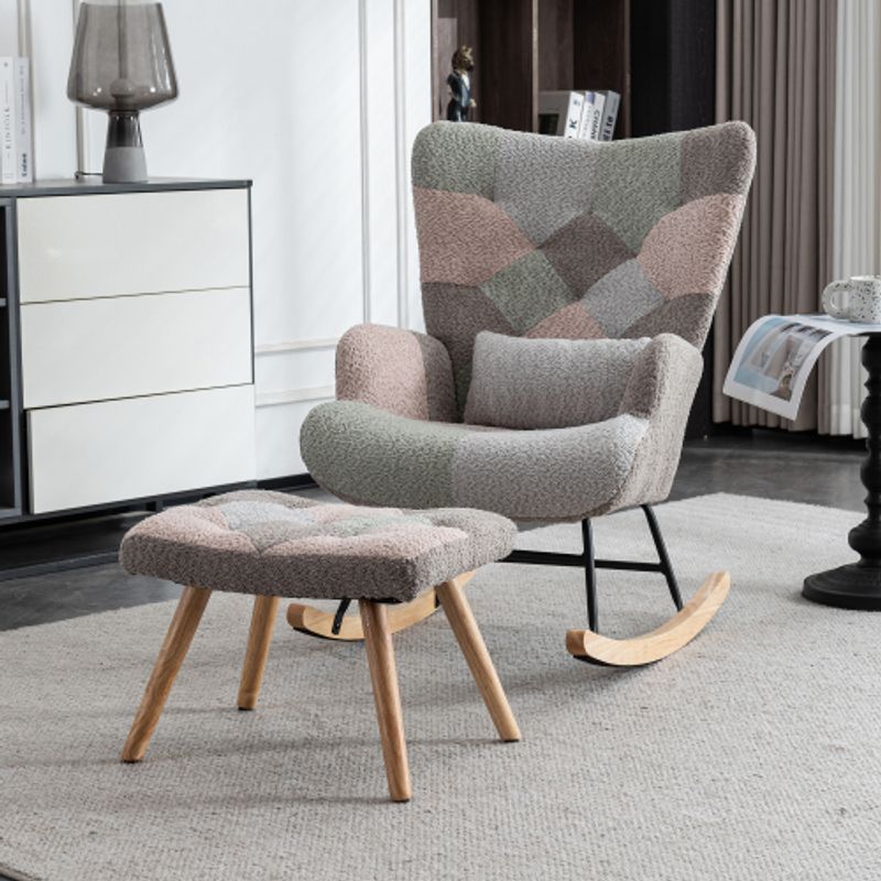 Bequemer Bunter Schaukelstuhl, 93 Cm Hoch, Sitzbreite 43 Cm – Inklusive 1 Fußstütze (49*38*37 Cm) Und 1 Lendenkissen, Stabiles Gestell Aus Gummibaumholz, Mehrfarbiges Design, Loungesessel_voghion.com