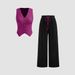 Damenbekleidung, einfarbige Strickweste mit Knöpfen und V-Ausschnitt + Hose mit weitem Bein und hoher Taille, modische, lässige, gerade Hose_voghion.com