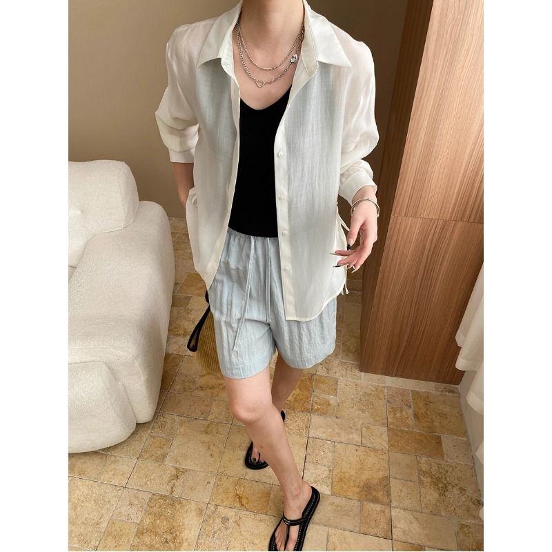 Camicia da donna con protezione solare sottile in seta mista Fengtian, con design a fasce laterali_voghion.com