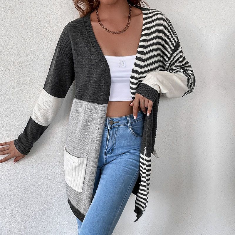 Patchwork Striped Long Sleeve Pocket Sweater Cardigan_voghion.com