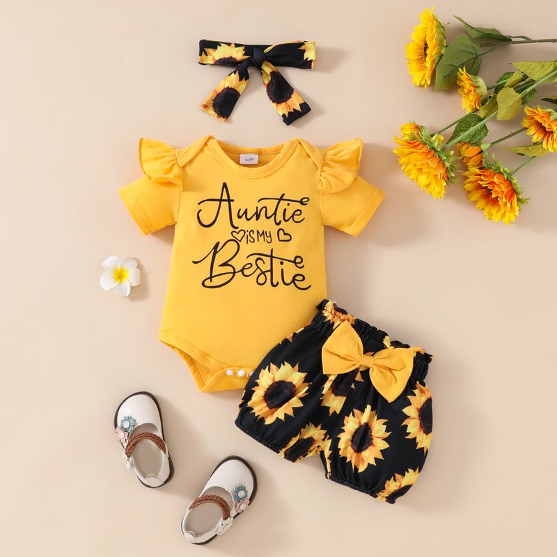 Conjunto de shorts de manga curta para bebês e meninas, verão, mãe e filhos, recém-nascido, manga voadora, top com letras, girassol, shorts com faixa de cabelo_voghion.com