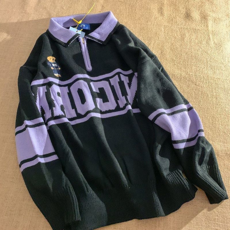 Herrenbekleidung Retro Chic Polokragen Bär Pullover Jacke Locker High End Farblich Passender Bottoming Pullover_voghion.com