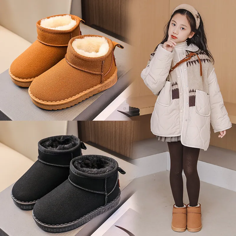 Winter children's snow boots with frosted leather surface for boys' casual cotton shoes, plush and thick insulation for_voghion.com