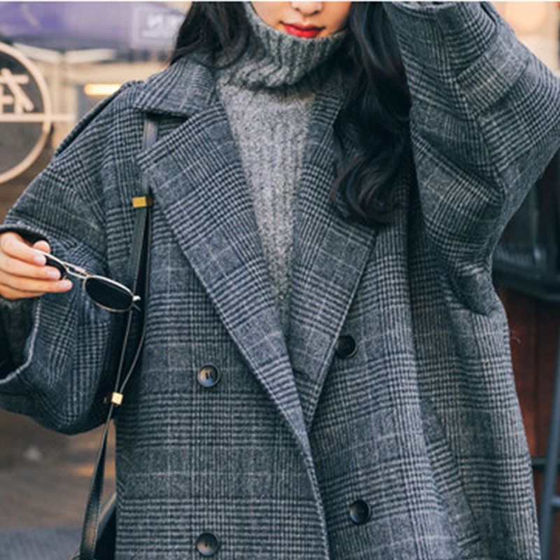 JXMYY Plus Size Fat Sister Mittellanger Overknee-Wollmantel für Herbst/Winter 2023 Neuer dünner Hahnentritt-Karomantel_voghion.com