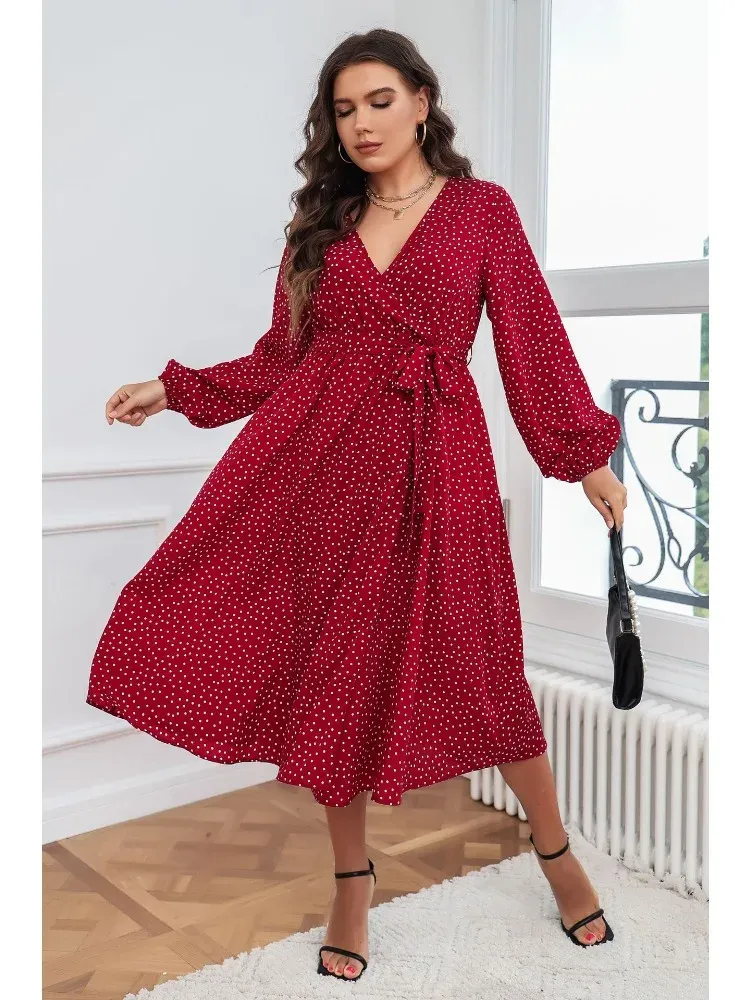 Plus Size Wrap V-Ausschnëtt Kleeder Gepunkten Drock Schnürärmelen Boho Fréijoer Hierscht Laang Robe A E Swing Maxi Kleed Kleeder_voghion.com
