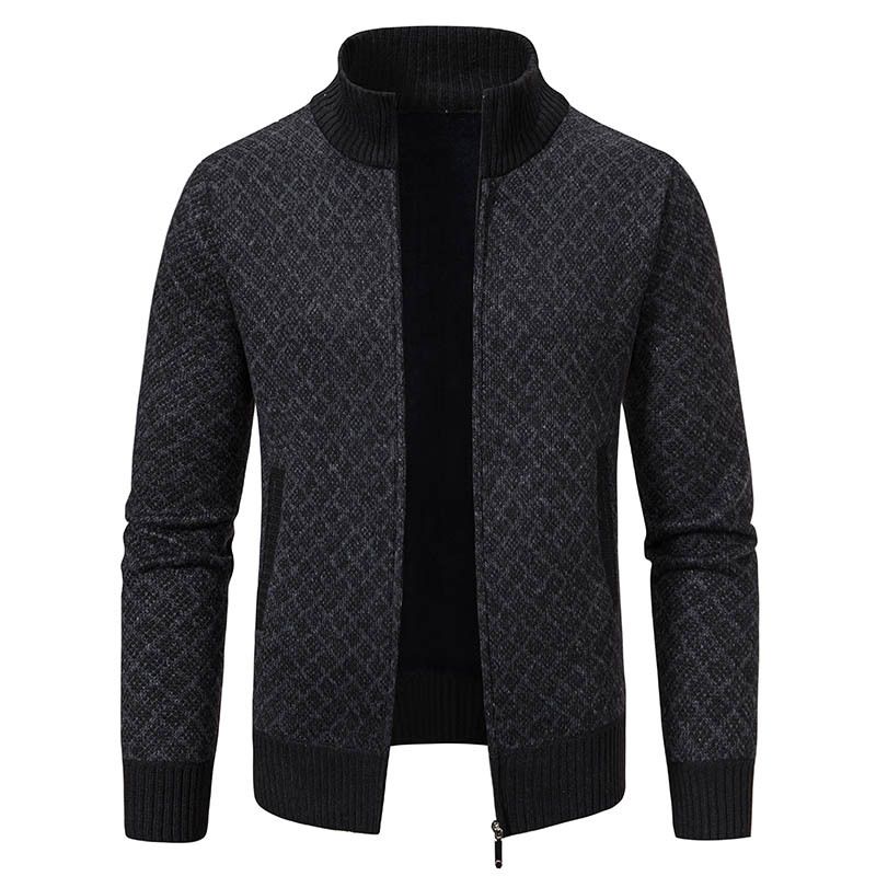 Herre efterår og vinter ny plys og tyk strikket cardigan mode stand-up krave langærmet afslappet sweaterjakke_voghion.com
