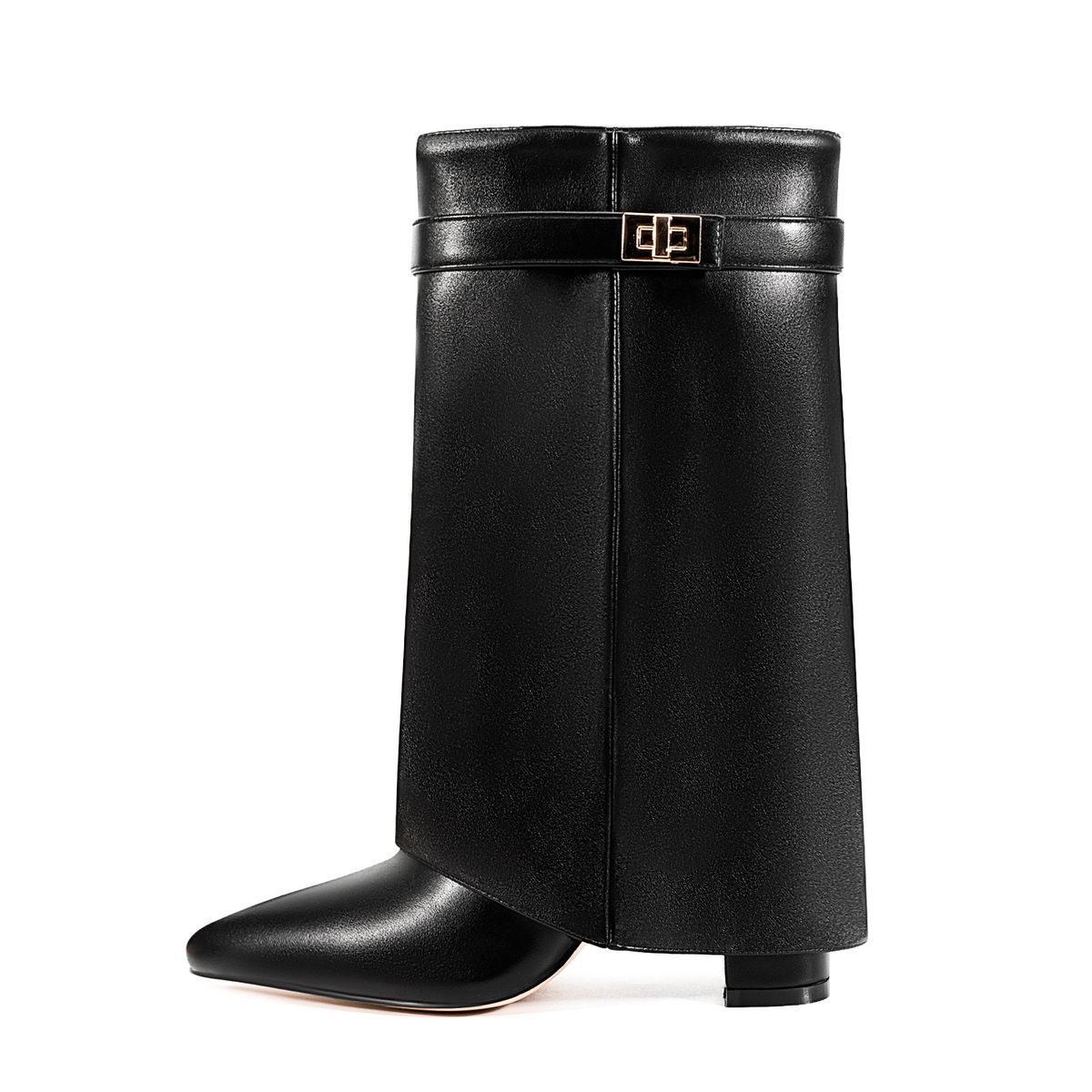 Women's Pointed Toe High Heel Over The Knee Boots With Metal Buckle - Stretchable Wide Calf Thigh High Boots Thick Heel Trouser Boots Women's Boots_voghion.com