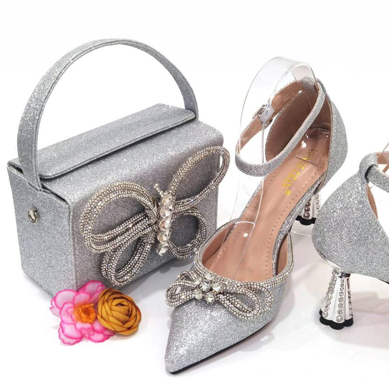 Women's Shoes Burgundy Square Box Handbag With Ladies Pointed Bow Ladies Sandals High Heels Large_voghion.com