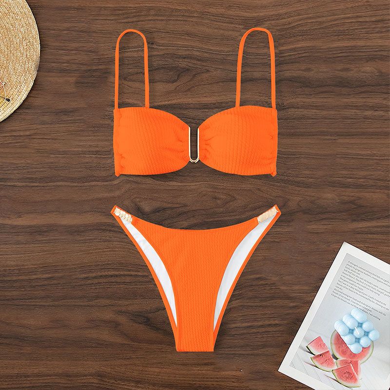 Maillot de bain bikini de plage froncé à col en U de couleur unie, maillot de bain triangle fendu pour sources chaudes_voghion.com