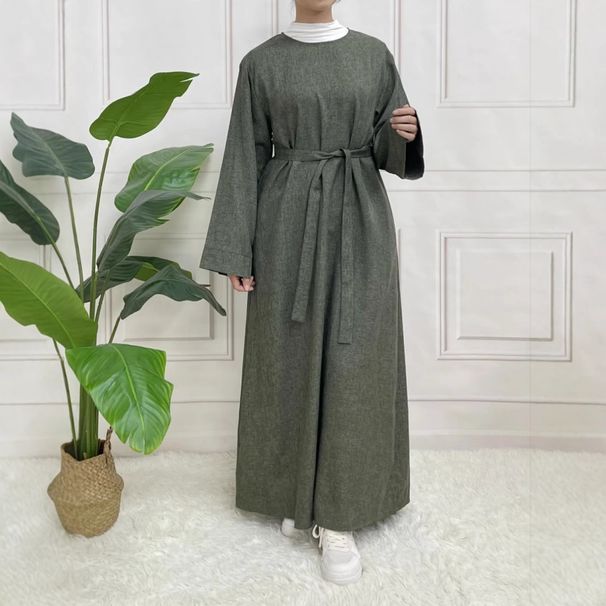 Robe décontractée à manches longues et ceinture pour femmes musulmanes – Robe longue unie en polyester gris foncé, vert kaki et kaki (S-XXL)_voghion.com