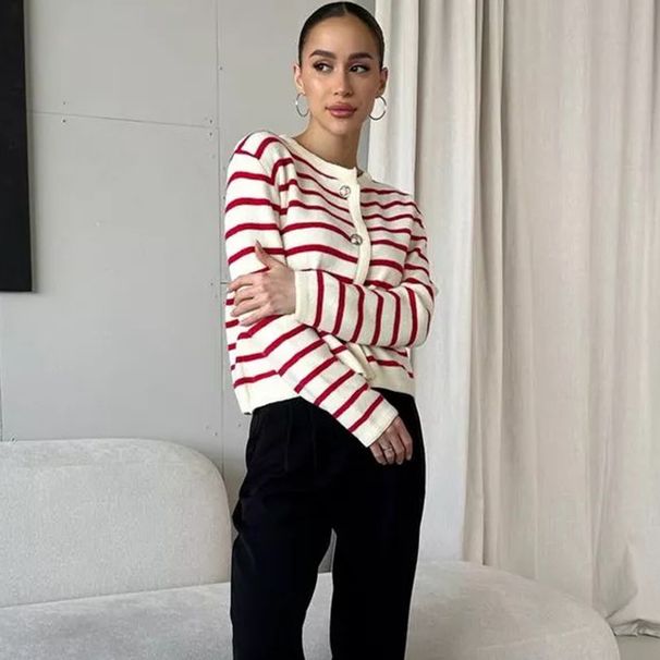 Russische gestreifte Strickjacke Damen 2024 Herbst neue Rundhals kurze Mode Pullover Jacke_voghion.com