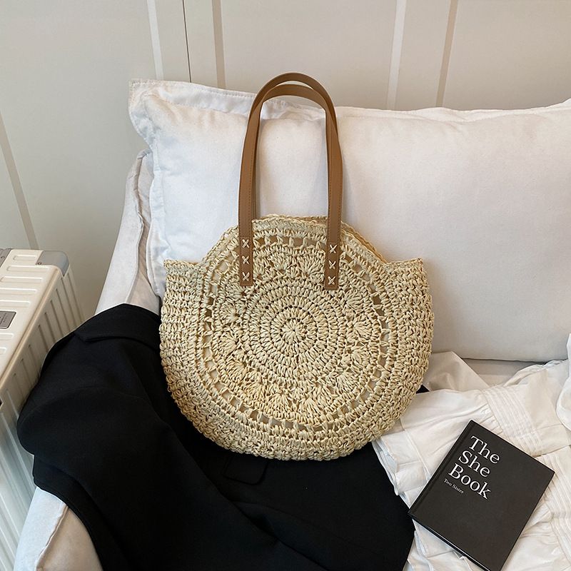 Summer Round Woven Straw For Women Large Capacity 2024 New Beach Vacation Bucket Single Shoulder Tote Bag_voghion.com