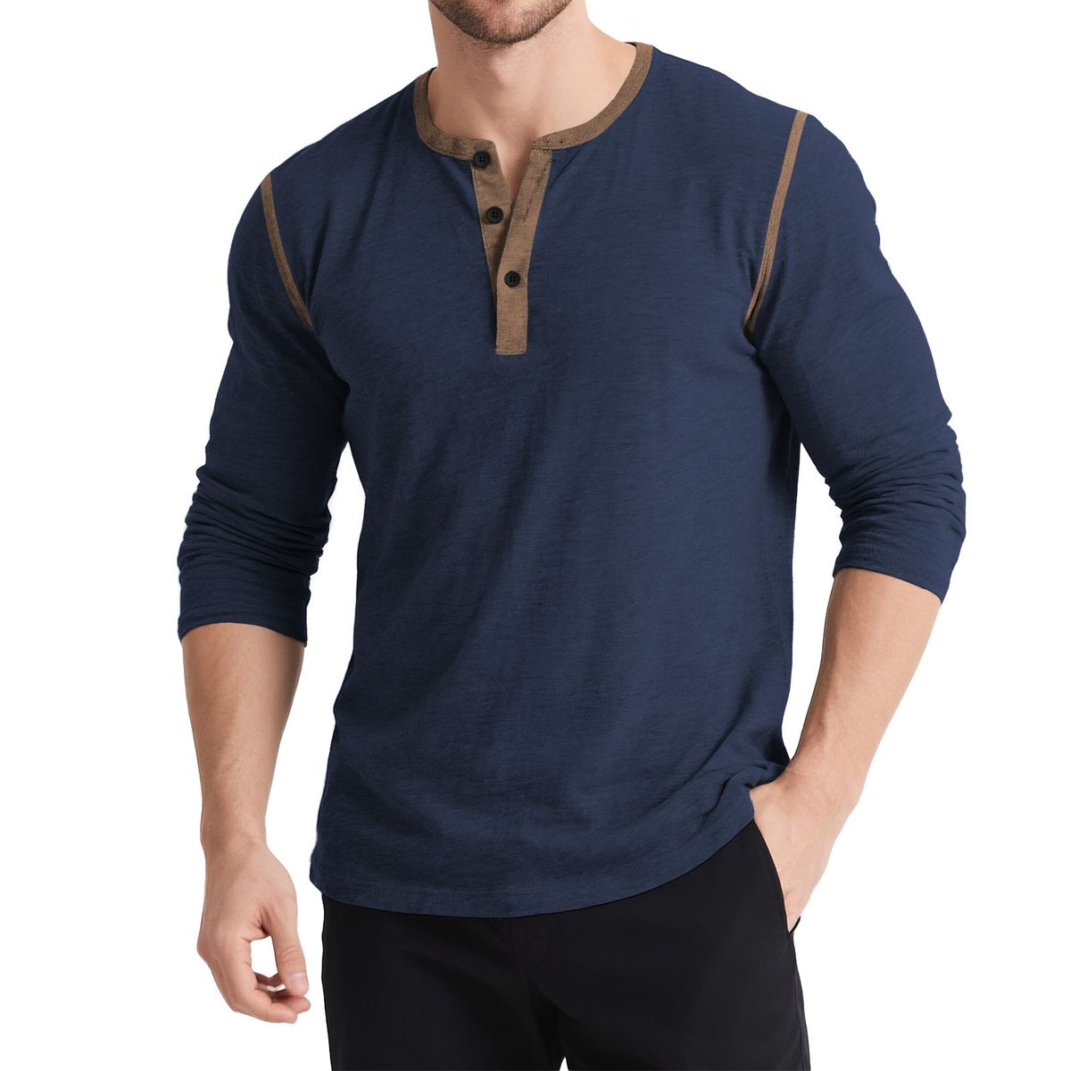 Herren Retro Henley Shirt – Langarm Colorblock Pullover mit 3-Knopf-Leiste (Weiß/Schwarz/Karmesinrot/Marineblau/Mehrfarbig, S-XXL)_voghion.com