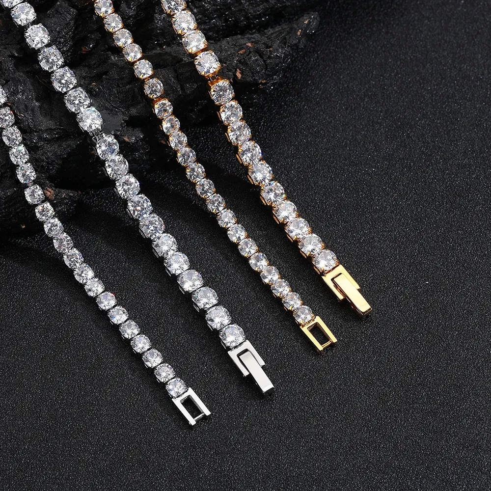 Bracelet de tennis Hip Hop en acier titane et diamants, anti-décoloration, rangée unique, entièrement en diamants, zircon AAA, pour hommes et femmes, même style, bijoux tendance pour la main_voghion.com