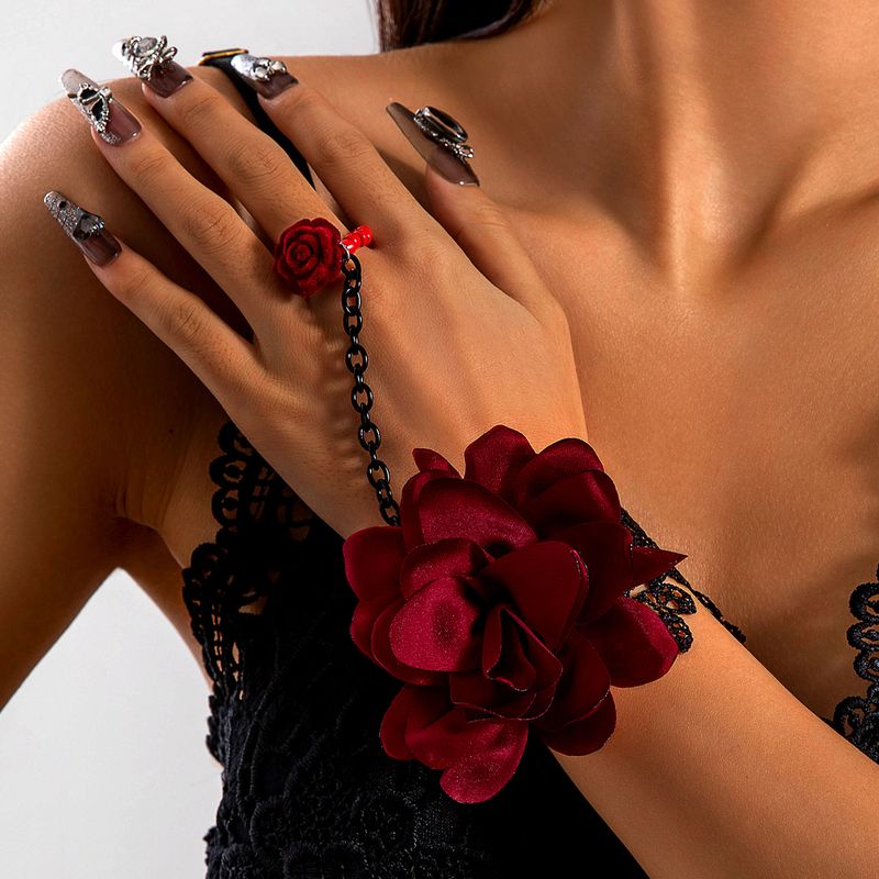 Corrente de dedo feminina estilo gótico de Halloween com rosas e flores grandes em renda, doce, sexy e versátil_voghion.com