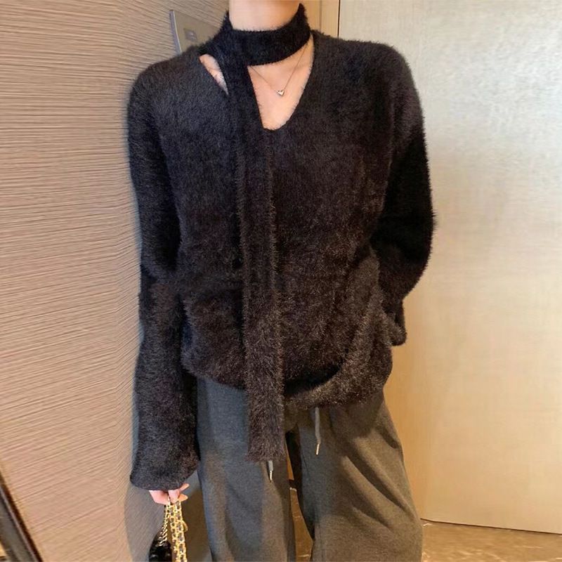 Sciarpa con scollo a V in stile coreano con pullover in pelliccia di visone, morbida maglia appiccicosa per autunno e inverno da donna_voghion.com