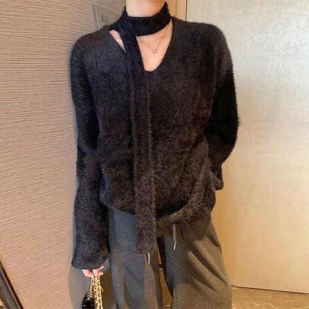 Sciarpa con scollo a V in stile coreano con pullover in pelliccia di visone, morbida maglia appiccicosa per autunno e inverno da donna_voghion.com