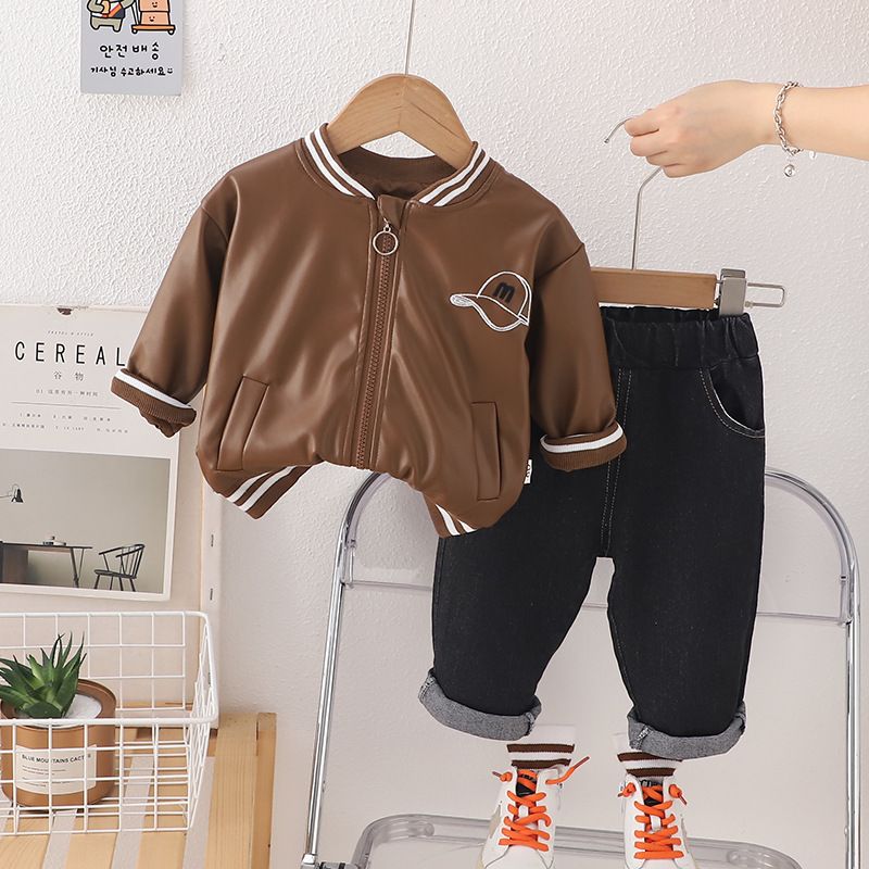 Erkek çocuk erkek çocuk kız bebek ceketleri, ilkbahar ve sonbahar giyim, çocuk yeni iki parçalı set, deri ceket seti_voghion.com