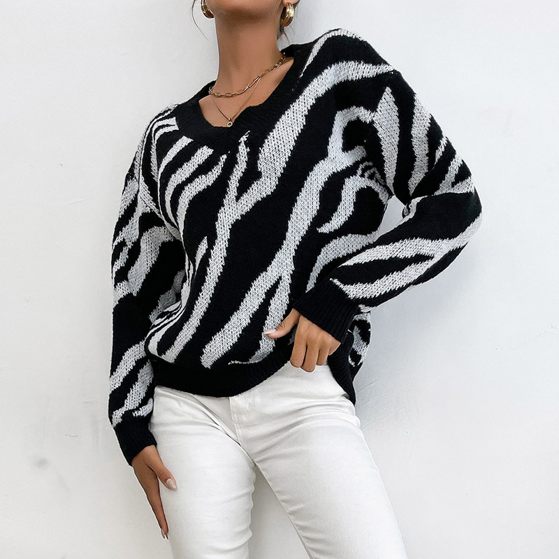 Vêtements pour femmes station indépendante automne vêtements du moyen-orient base pull col en v noir motif zèbre pull_voghion.com