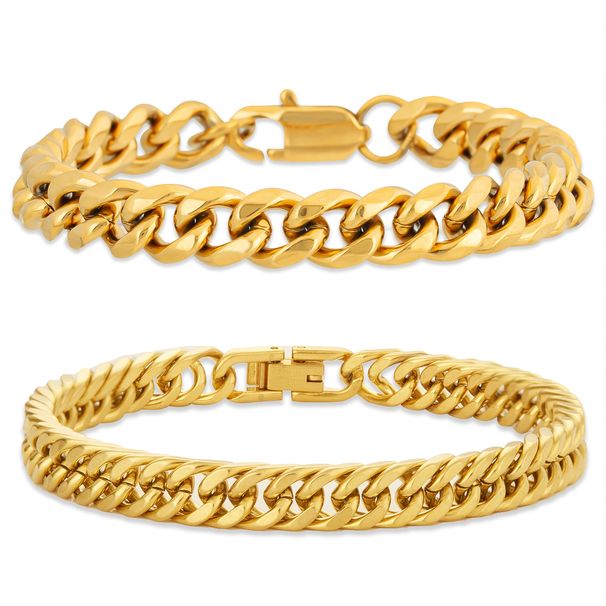 Set di 2 bracciali a catena cubana in acciaio inossidabile color argento e oro nero per uomo_voghion.com
