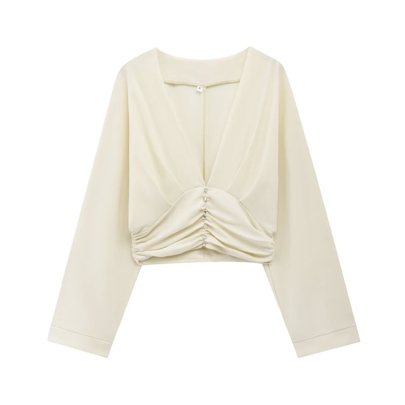 Blusa corta plisada con cuello en V para mujer, estilo informal, de moda de verano 2025, K41376_voghion.com