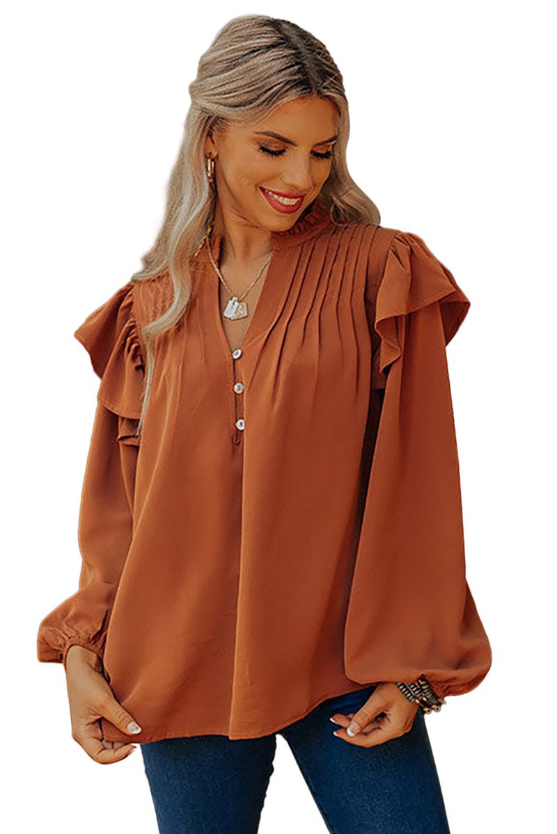 Frauen Kleidung Neue Hemd Langarm V-ausschnitt Pullover Laterne Ärmel Lose Mode Rüschen Einfarbig Taste Top_voghion.com