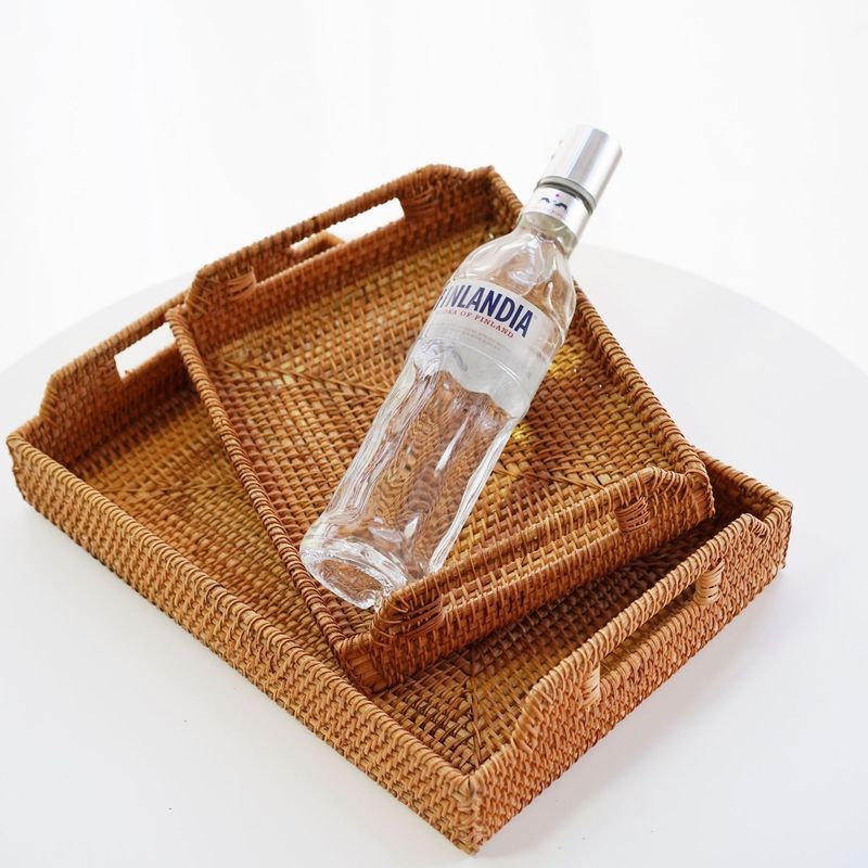 Rattan Tray Set (3-Piece) - Multi-Purpose Fruit & Snack Serving Tray For Tea Cups Candy Nuts - Handwoven Storage Organizer​_voghion.com
