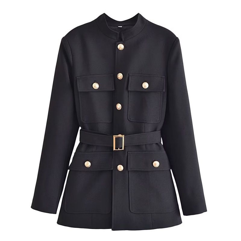 Women's Clothing winter new style elegant round collar single breasted belted black suit jacket_voghion.com