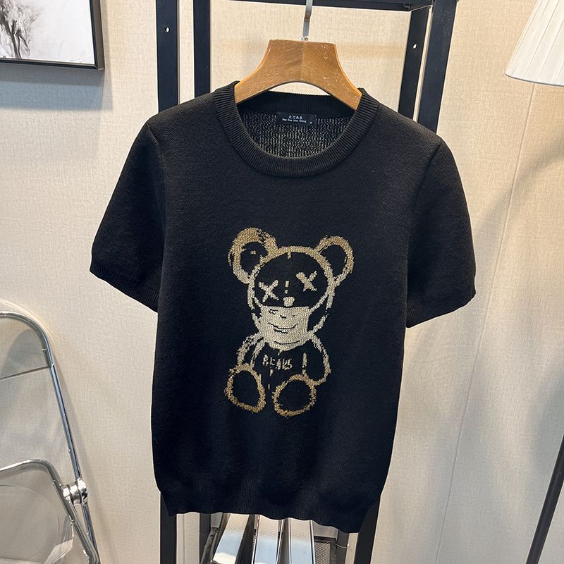 Men's Clothing Autumn and winter bear jacquard short sleeved sweater for men, round neck slim fitting top, bottoming sweater, half sleeved T shirt_voghion.com