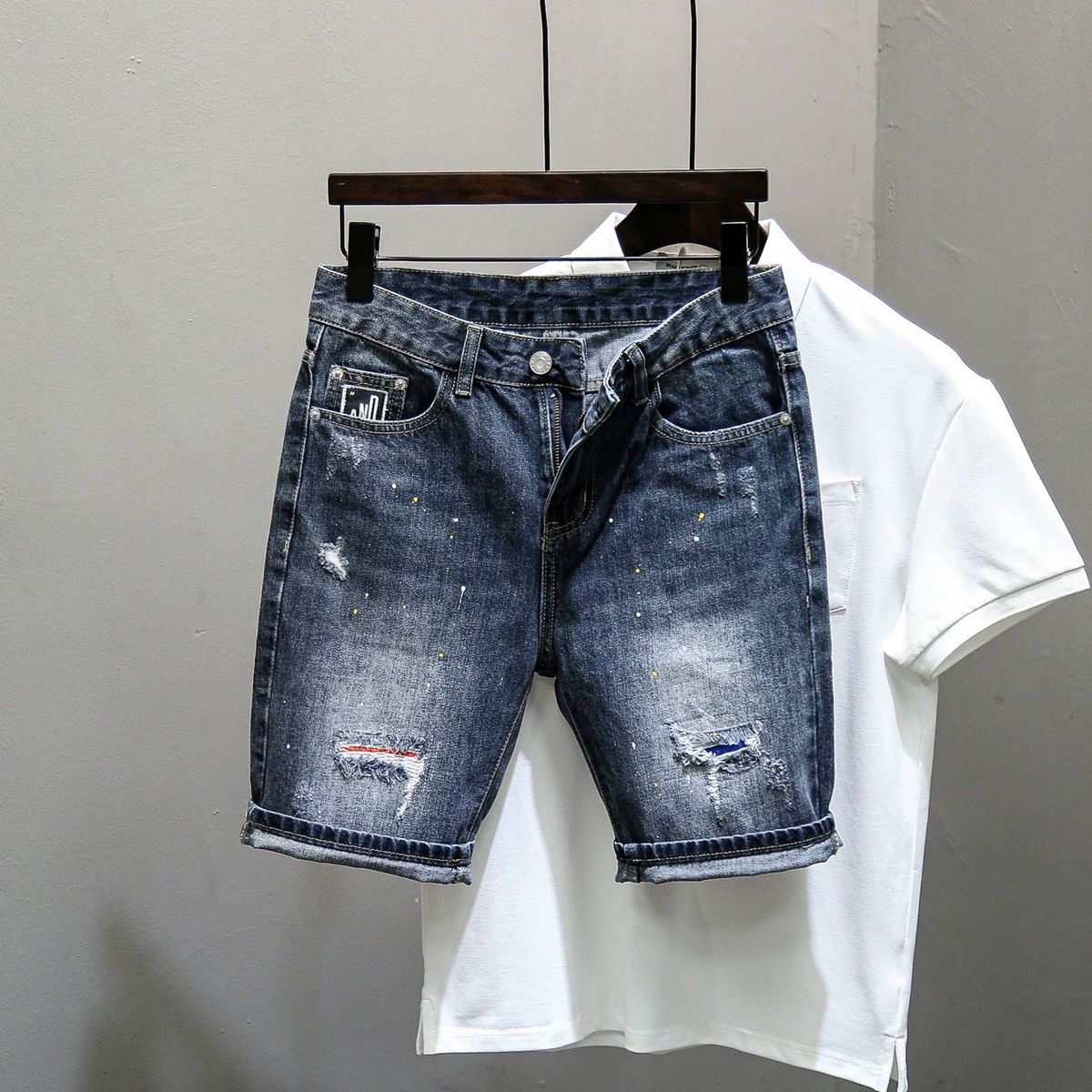 Men's Clothing Summer Trendy Brand Internet Celebrity Ripped Denim Shorts Men's Korean Style Trendy Slim Fit Blue Trendy Five Point Shorts_voghion.com