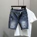 Men's Clothing Summer Trendy Brand Internet Celebrity Ripped Denim Shorts Men's Korean Style Trendy Slim Fit Blue Trendy Five Point Shorts_voghion.com