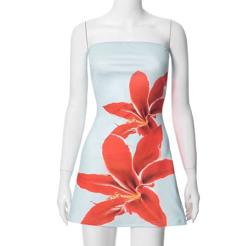Women's Clothing new casual tube top flower print slim high waist short dress_voghion.com