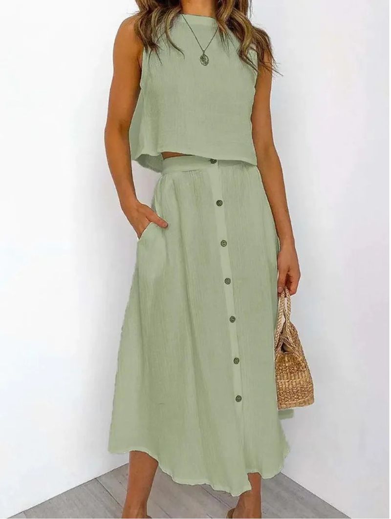 Abito da donna a due pezzi con gilet abbottonato di media lunghezza, camicia con gilet al collo_voghion.com