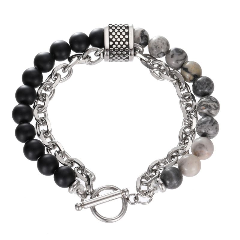 Hip Hop Trendy Herren Titan Stahl Handschmuck Doppellagiges Klapperschlangen Tigerauge Stein Kartenstein Stapelarmband_voghion.com