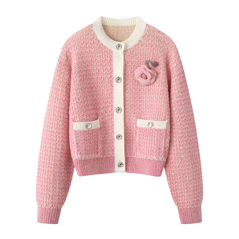 Damenbekleidung Sale Herbst Damen Neue Dreidimensionale Blume Rosa Pullover Strickjacke 3H4E548_voghion.com